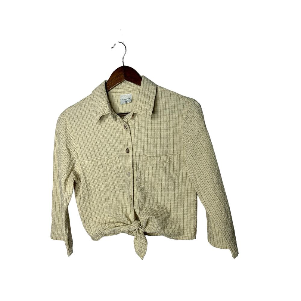 CMG Color Me Cotton sz XS texture button front 3/4 sleeve tie front shirt